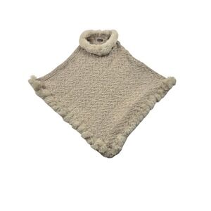 Selene L Women Beige Cable Knit Poncho Faux Fur Trim Neckline Hem One Size